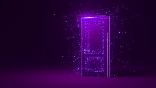 Purple glowing door opening on dark background