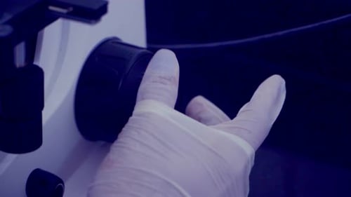 Close-up of a scientist's gloved hands focusing a microscope with the wheel. Slow motion