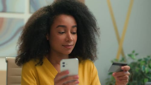 African American Ethnic Business Woman Girl Customer Using Mobile Phone Buy Pay Credit Card Internet