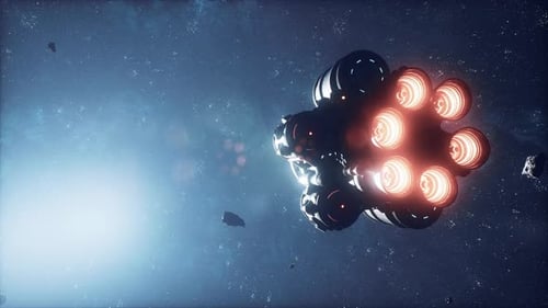 Spaceship in Deep Space Flying Through the Universe