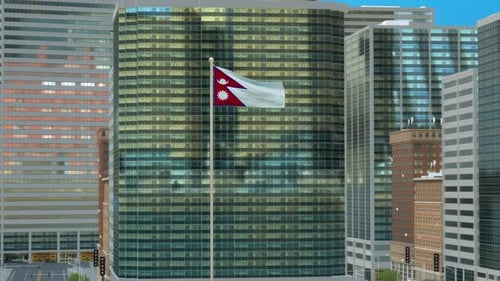 Nepal Flag 3D Render Animation on Pole with Modern Business District Buildings – Daytime View