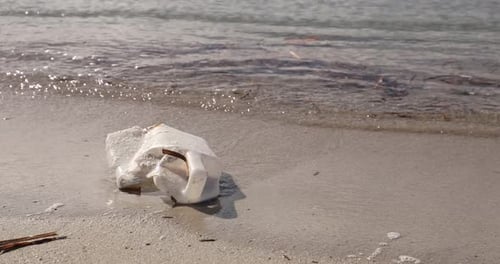 Plastic bottle pollution on sunny beach with waves approaching, environmental issue