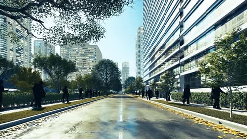 Silhouettes of People Walking on Both Sides of the Road Between Office and Park
