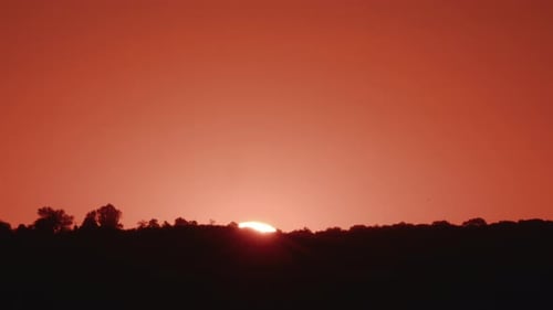 Atemberaubender Sonnenuntergang mit der Sonne, die hinter den Hügeln untergeht und einem Vogel, der über den orangefarbenen Himmel fliegt