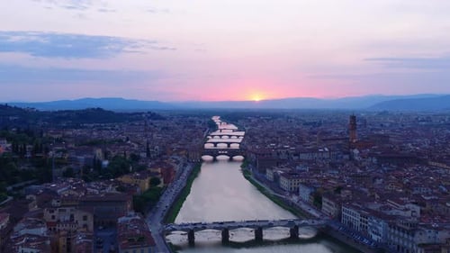 Aerial Sunset Over Florence and Arno River Bridges, Tuscany, Italy