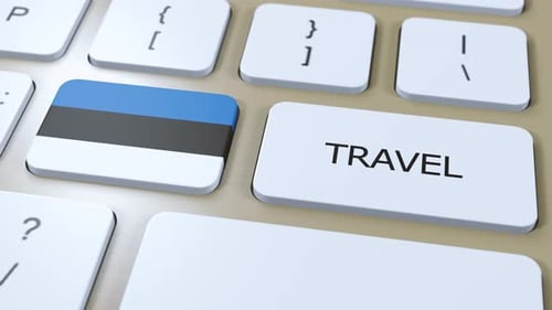 Estonia Flag Key Pressed on Travel-Themed Computer Keyboard