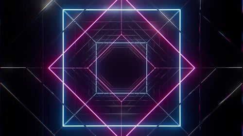 Neon Futuristic Tunnel Animation with Geometric Glowing Squares