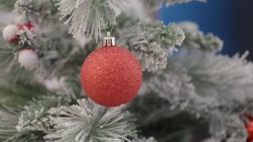 Red Christmas Ornament Hanging on Snowy Tree