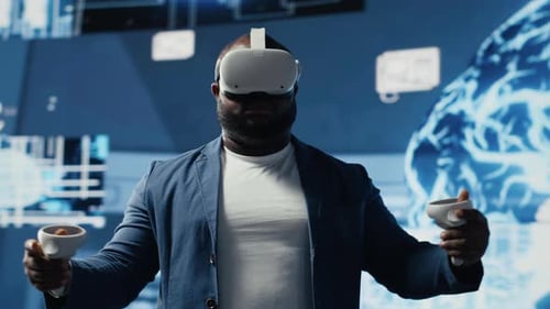 Young Adult Using Virtual Reality Headset in Futuristic Office