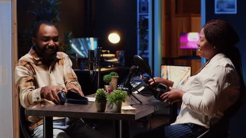 Podcast Recording with Man and Woman in Studio