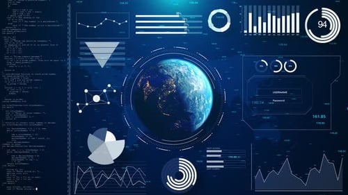 3D Animation of Graphs Charts Globe Map Background Corporate Business Financial Investment HUD