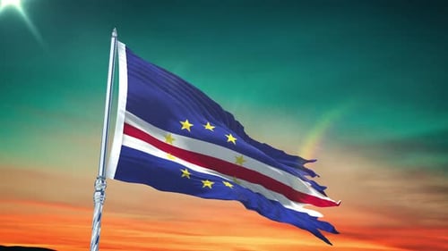 Cape Verde Flag Waving Photorealistic Against Sunset Sky