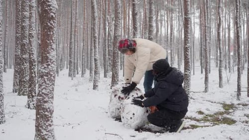 Dos hermanos divirtiéndose haciendo rodar bolas de nieve para construir un muñeco de nieve en invierno