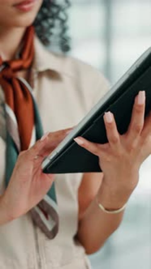 Hands, tablet and scroll at startup, office and project management with review at media company