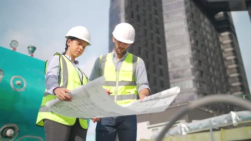 Side and front view of two professional engineer or workers hold building plan or blue print of site