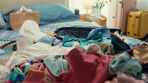 Suitcase Being Packed with Colorful Clothing in Bedroom