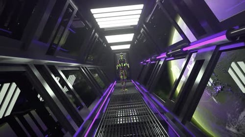 Space Concept An Alien in a Neon Shiny Suit is Walking Through the Tunnel in a Spaceship View on the