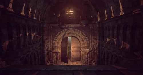 Mysterious Ancient Hall with Intricate Architecture and Glowing Doorway