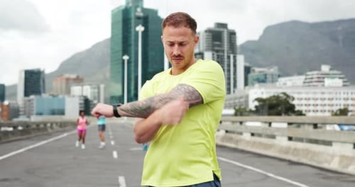 Stretching, runner and man in city for exercise, marathon training and workout outdoor