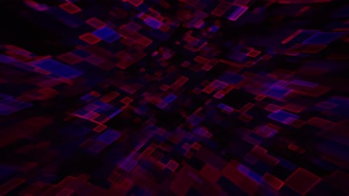 Futuristic data stream background with overlapping translucent red and blue rectangle pixel shapes
