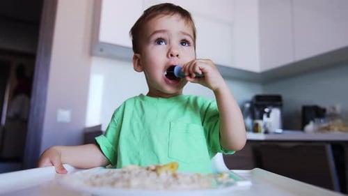 Young Child Eating in Kitchen High Chair