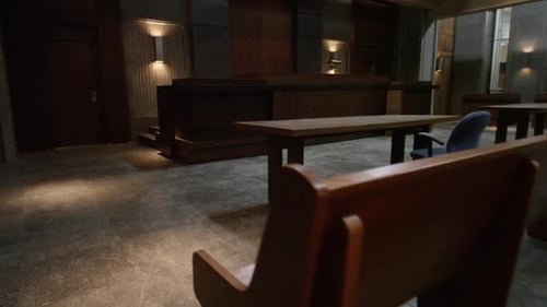 A steadicam view of modern court room for trial