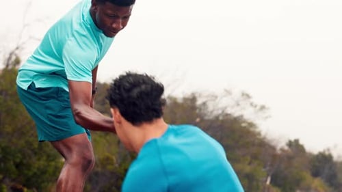 Friends, help and men in nature for fitness, hiking and exercise for adventure on mountain