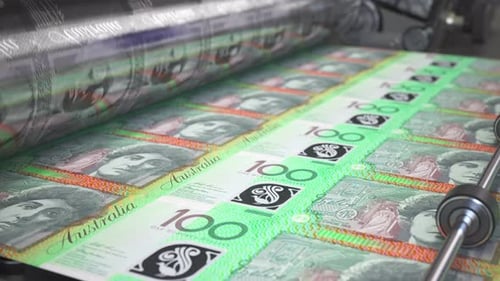 Printing Money Australian Dollar AUD Bills on a Print Machine in Typography Looped 3d Animation