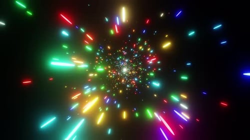 The movement of particles at the speed of light through space, a tunnel of colorful particles vj