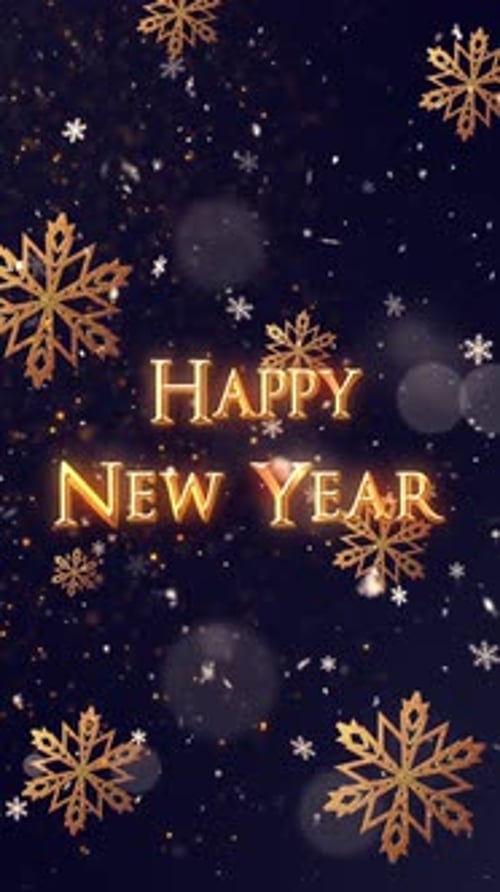 Golden Happy New Year Celebration Title with Falling Snowflakes