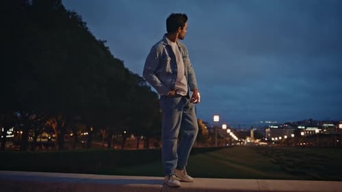 Stylish Man Relaxing Evening Town Park Illuminated Street Lights Guy Walking