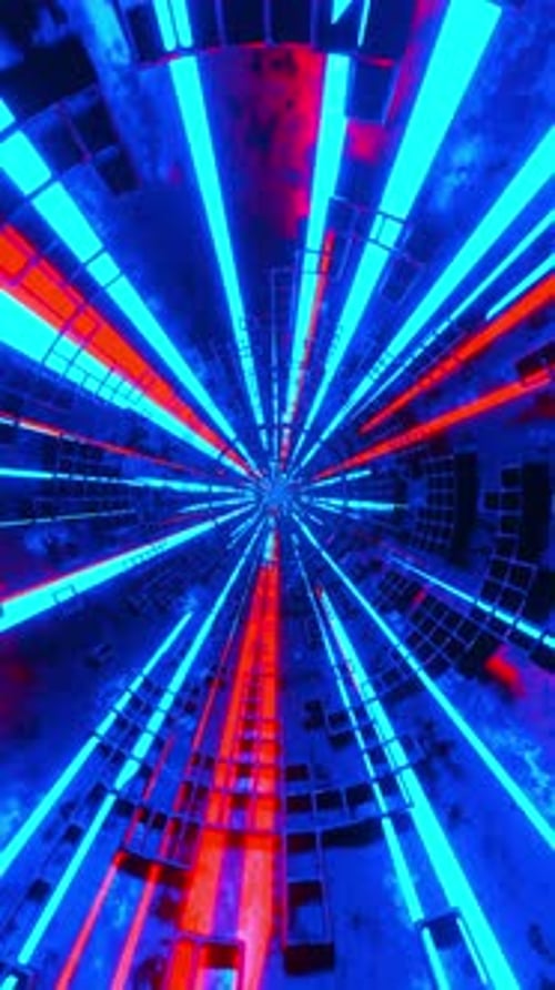 Vertical abstract neon light tunnel visual effect motion background.