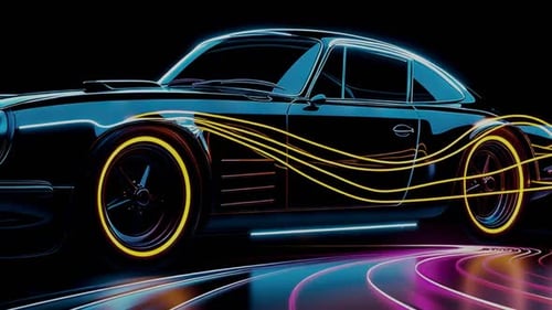 3d render abstract VJ background, old car, retro wave style, endless loop, blinking lights
