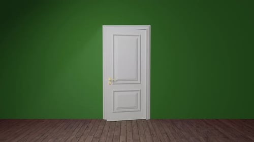 Porta branca se abrindo na parede verde na sala vazia