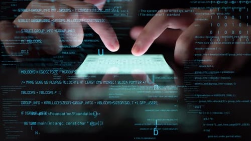 Hands Tapping on Smartphone Screen Surrounded by Vibrant Binary Code Representing Digital Technology