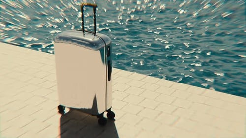 Chrome Suitcase by Luxury Poolside with Rippling Water