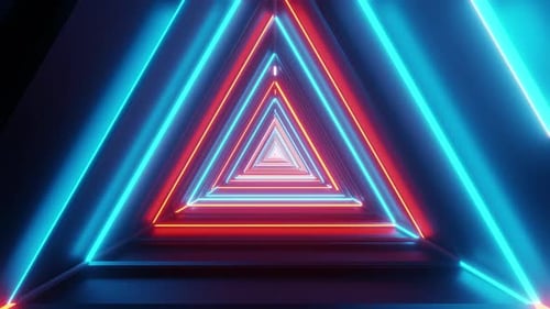 Loop VJ animation background. Triangular neon tunnel with blue and orange lights