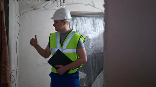 Construction Worker Inspecting Interior of a Home