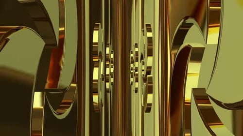 Luxus-Hintergrund mit rotierenden Goldformen, 3D-Render, Figuren, exklusiv, Reflexion