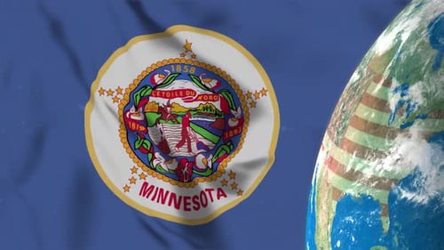 Minnesota State Flag Waving with Rotating Earth Globe
