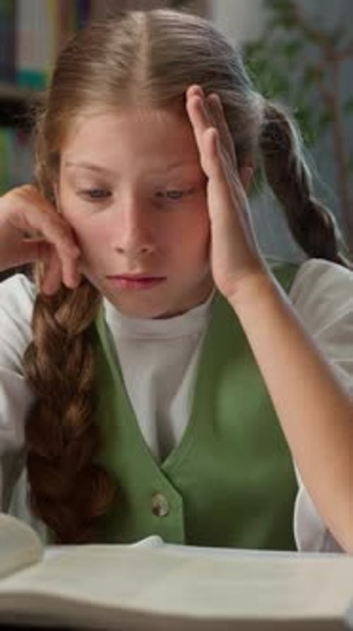 Worried Little Caucasian Child Kid Girl Teen Reading Book Bad Result at School Daughter Schoolgirl