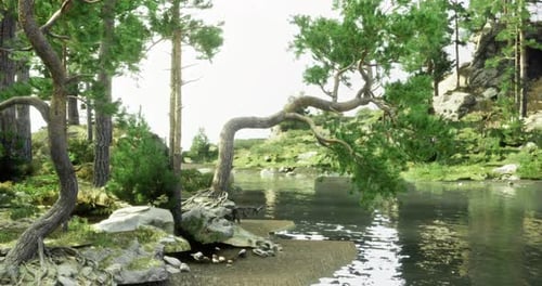 Realistic Forest River Landscape with Gentle Water and Moving Trees