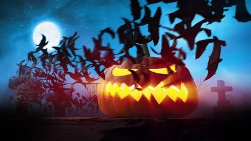 Animated Halloween Jack-o'-Lantern with Swarm of Flying Bats