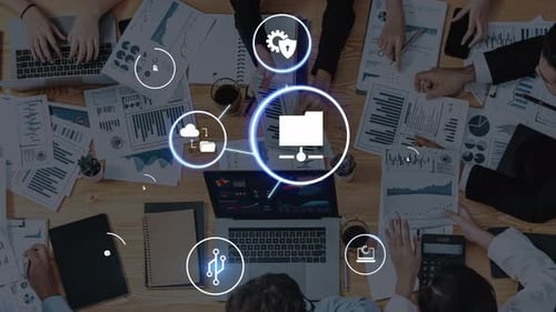 Managing online folders with digital cloud file organization and data security icons Funnel