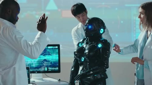 Group of Professional Engineers Posing with Automated Robot Prototype Inside Scientific Center