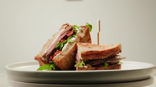 American Pastrami Sandwich in New York Ham Meet Cuts Chef Cooking Famous Thick Cut Sous Vide Beef