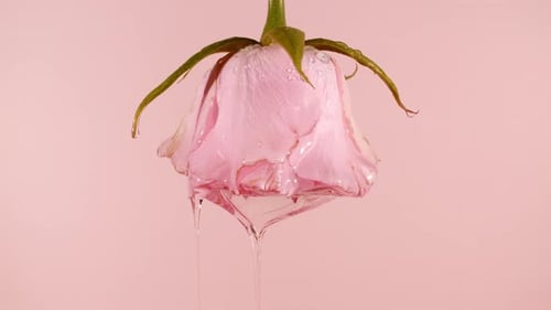Transparent Cosmetic Gel Fluid Oil Dripping with Rose On A Pink Background Production CloseUp Slow