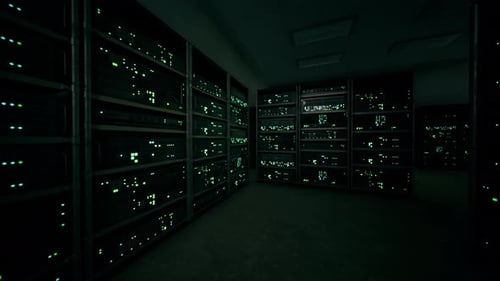 Network Server Room with Servers Running Processes