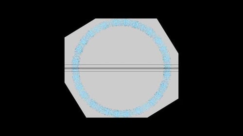 Interface-Kollektion: Eine Schleife aus einer grauen Leinwand mit einem Ring mit linearen Elementen dreht sich gegen den Uhrzeigersinn