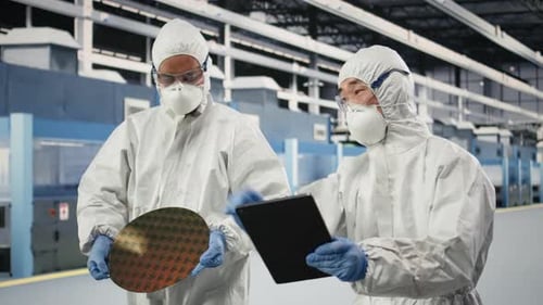 Technicians Analyzing Delicate Electronic Component in Semiconductor Factory